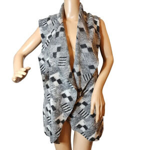Willi Smith Wool-Blend black/grey/white open front drape vest. Pockets. Size Sm
